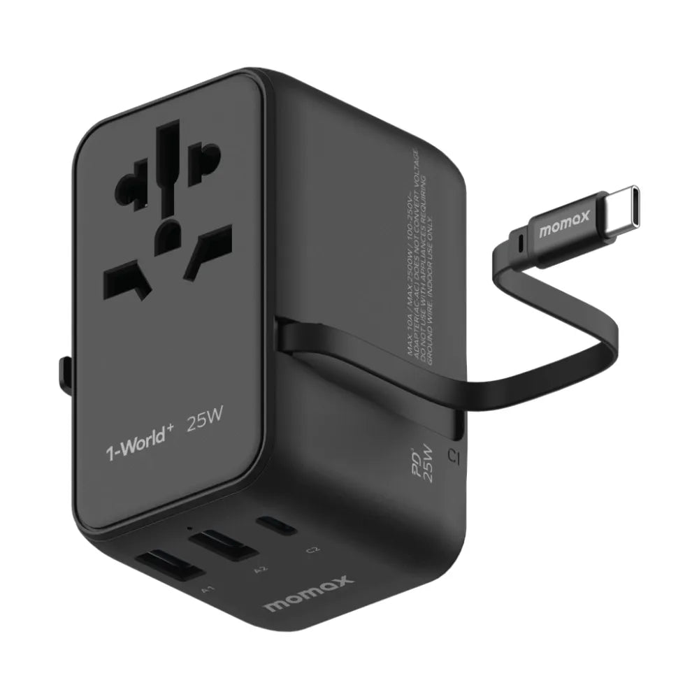 MOMAX 1-World 25W Travel Adapter – 3-Port AC Charger with USB-C Cable, PD Fast Charging, Universal Compatibility for Phones & Tablets