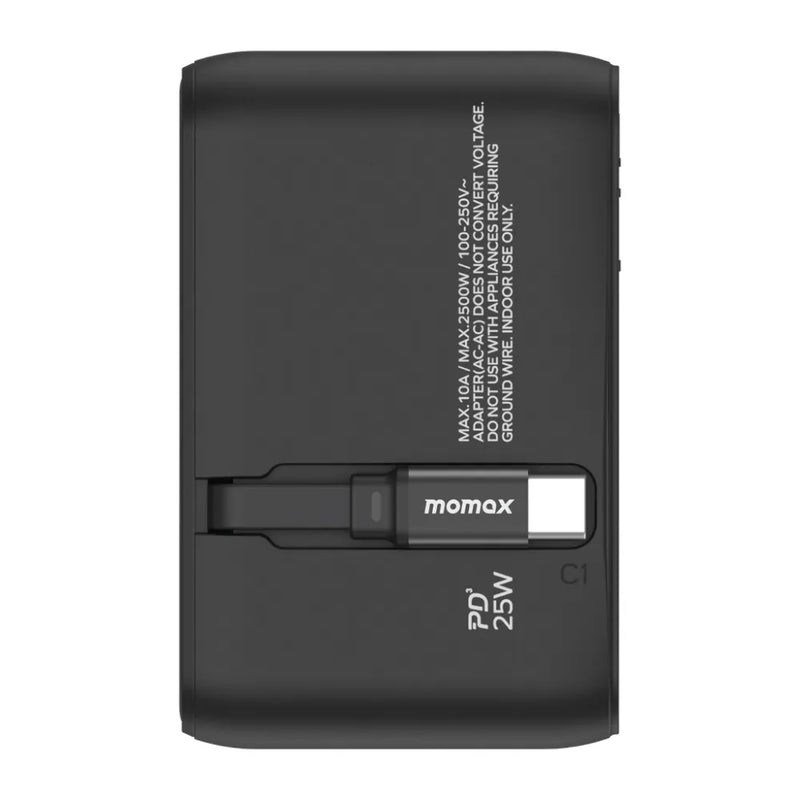 MOMAX 1-World 25W Travel Adapter – 3-Port AC Charger with USB-C Cable, PD Fast Charging, Universal Compatibility for Phones & Tablets