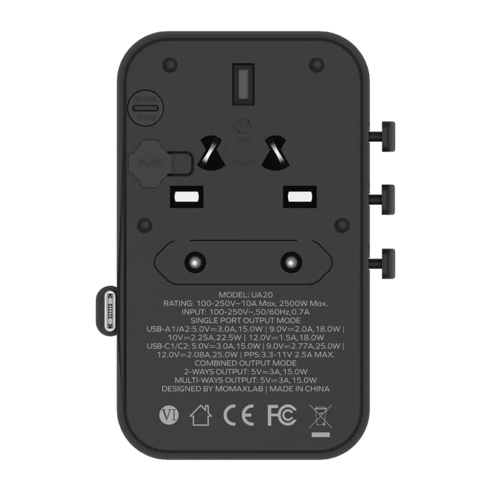 MOMAX 1-World 25W Travel Adapter – 3-Port AC Charger with USB-C Cable, PD Fast Charging, Universal Compatibility for Phones & Tablets