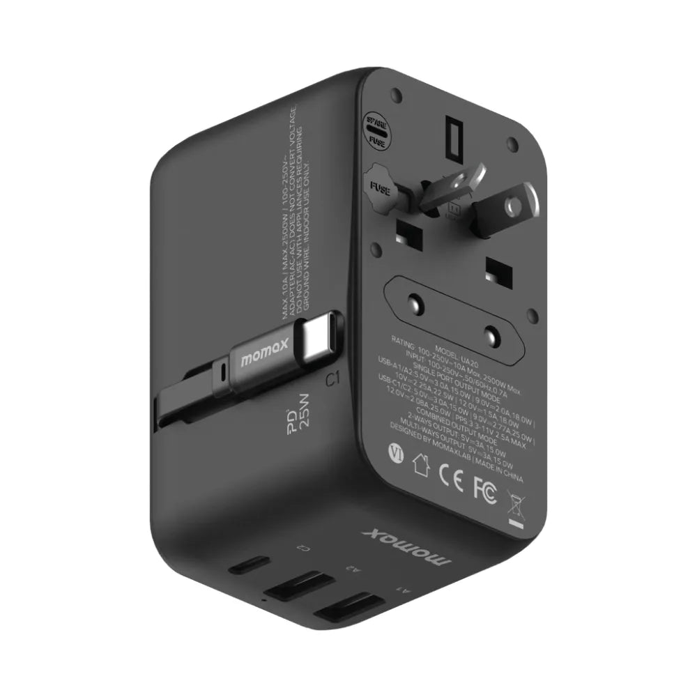 MOMAX 1-World 25W Travel Adapter – 3-Port AC Charger with USB-C Cable, PD Fast Charging, Universal Compatibility for Phones & Tablets