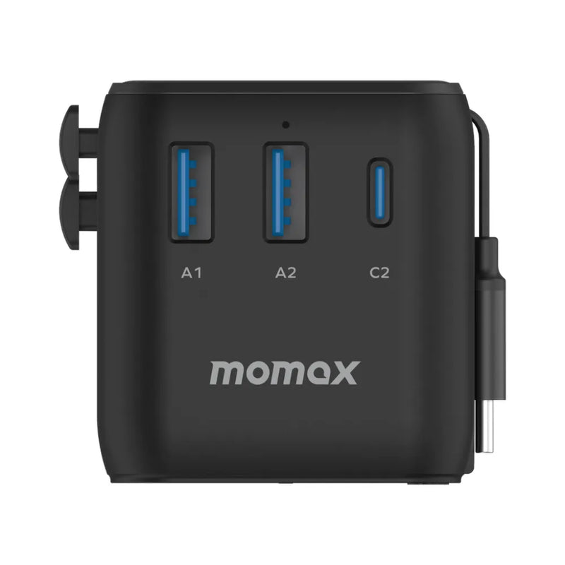 MOMAX 1-World 25W Travel Adapter – 3-Port AC Charger with USB-C Cable, PD Fast Charging, Universal Compatibility for Phones & Tablets