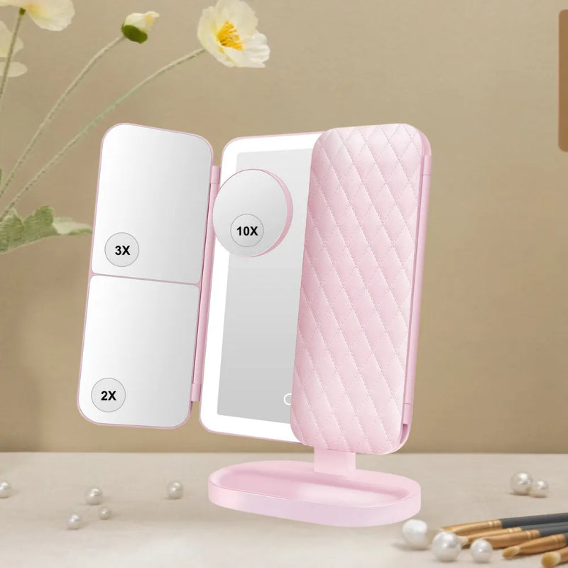 Multifunctional Umi Lighted Tri-Fold Makeup Mirror, 3-Color LED, 1X/2X/3X Magnification, 180° Rotation & Touch Control - Pink