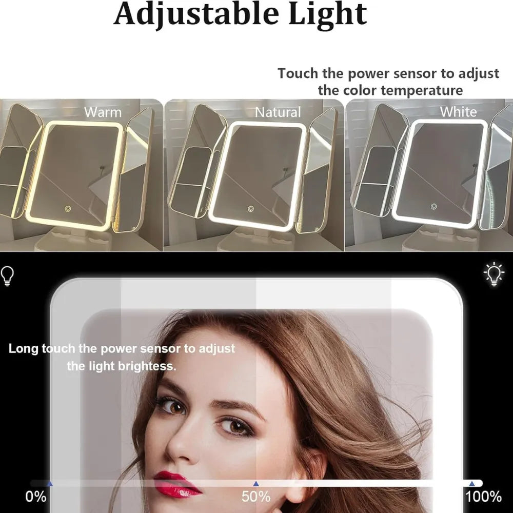 Multifunctional Umi Lighted Tri-Fold Makeup Mirror, 3-Color LED, 1X/2X/3X Magnification, 180° Rotation & Touch Control - Pink