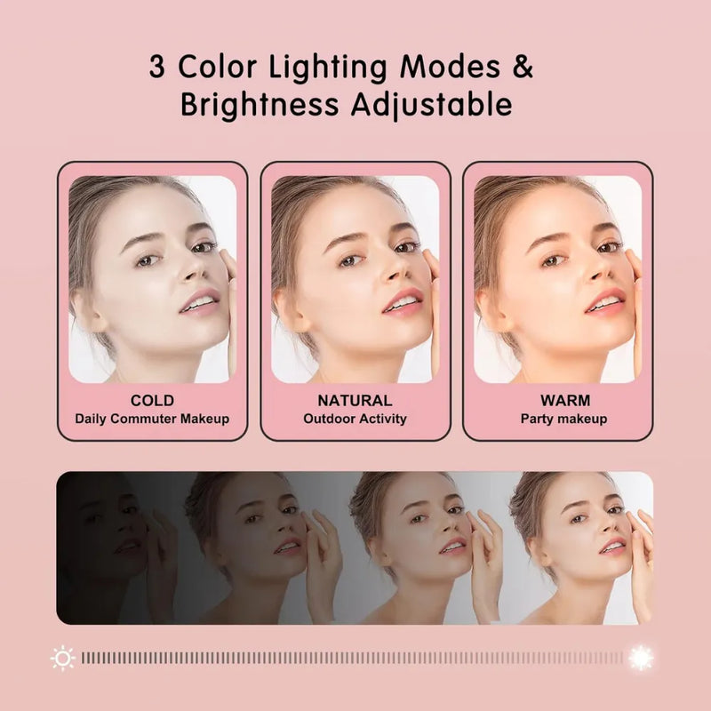 Multifunctional Umi Lighted Tri-Fold Makeup Mirror, 3-Color LED, 1X/2X/3X Magnification, 180° Rotation & Touch Control - Pink