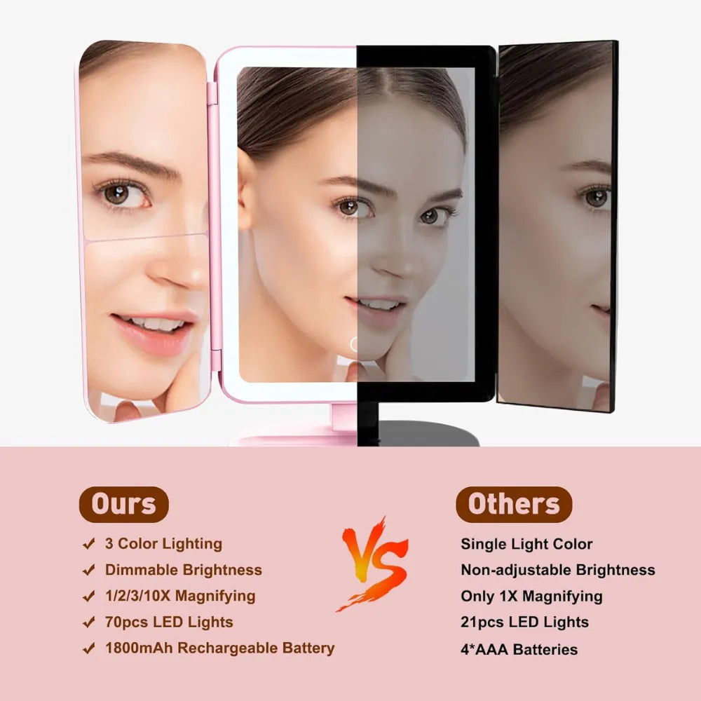 Multifunctional Umi Lighted Tri-Fold Makeup Mirror, 3-Color LED, 1X/2X/3X Magnification, 180° Rotation & Touch Control - Pink