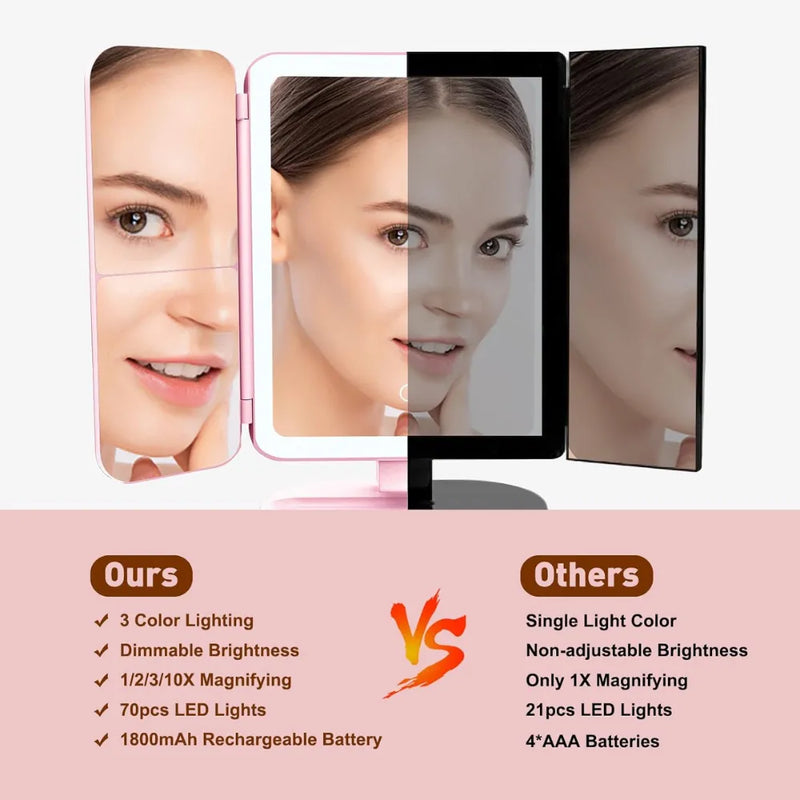 Multifunctional Umi Lighted Tri-Fold Makeup Mirror, 3-Color LED, 1X/2X/3X Magnification, 180° Rotation & Touch Control - Pink