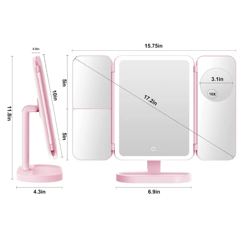 Multifunctional Umi Lighted Tri-Fold Makeup Mirror, 3-Color LED, 1X/2X/3X Magnification, 180° Rotation & Touch Control - Pink