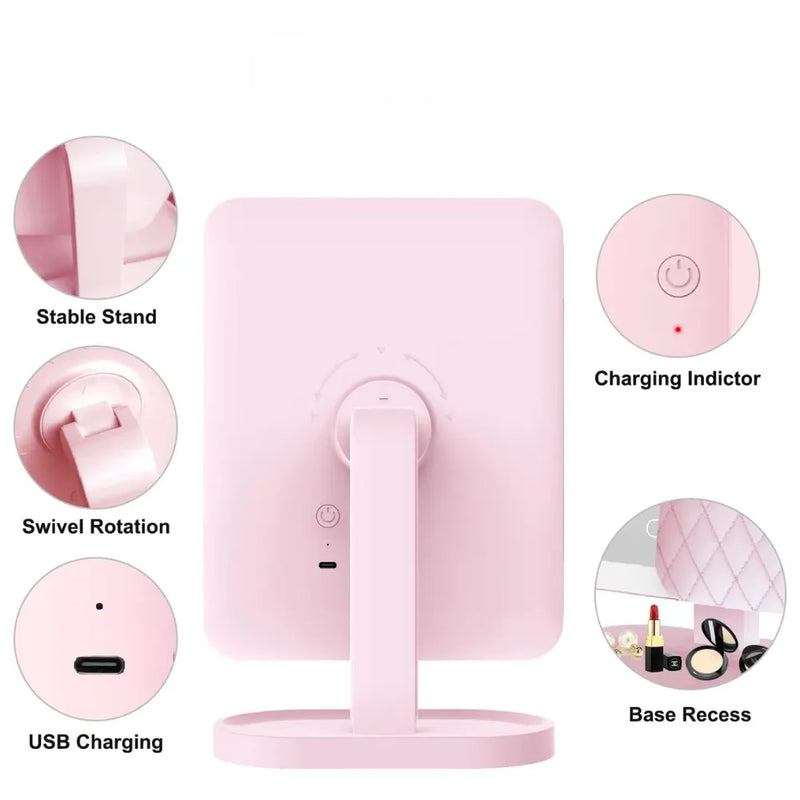 Multifunctional Umi Lighted Tri-Fold Makeup Mirror, 3-Color LED, 1X/2X/3X Magnification, 180° Rotation & Touch Control - Pink