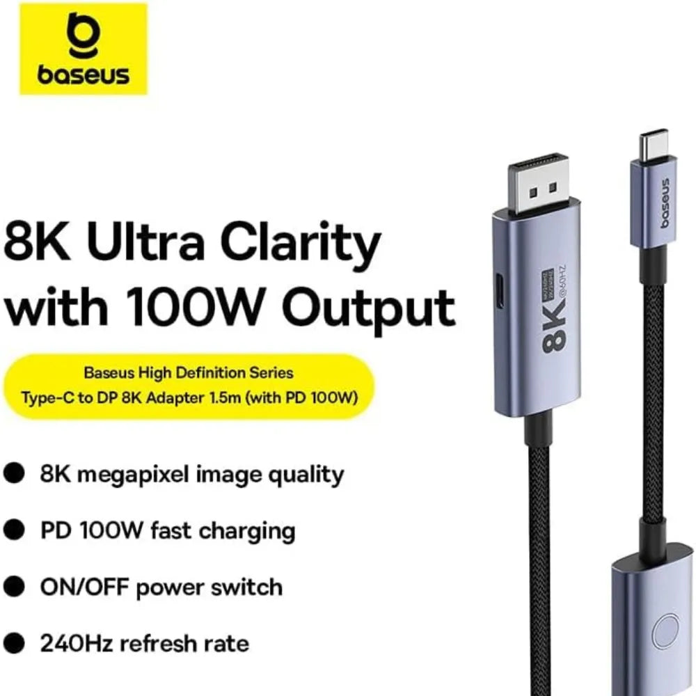 Baseus High Definition Type-C to DP Adapter Cable 8K@60Hz with 100W PD, ON/OFF Button, 1.5M