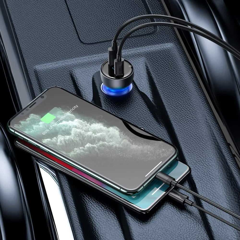 Baseus Superme Digital Display Car Charger 100W Dual Quick Charge USB + Type-C with 65W PD Output for Smartphones & Laptops