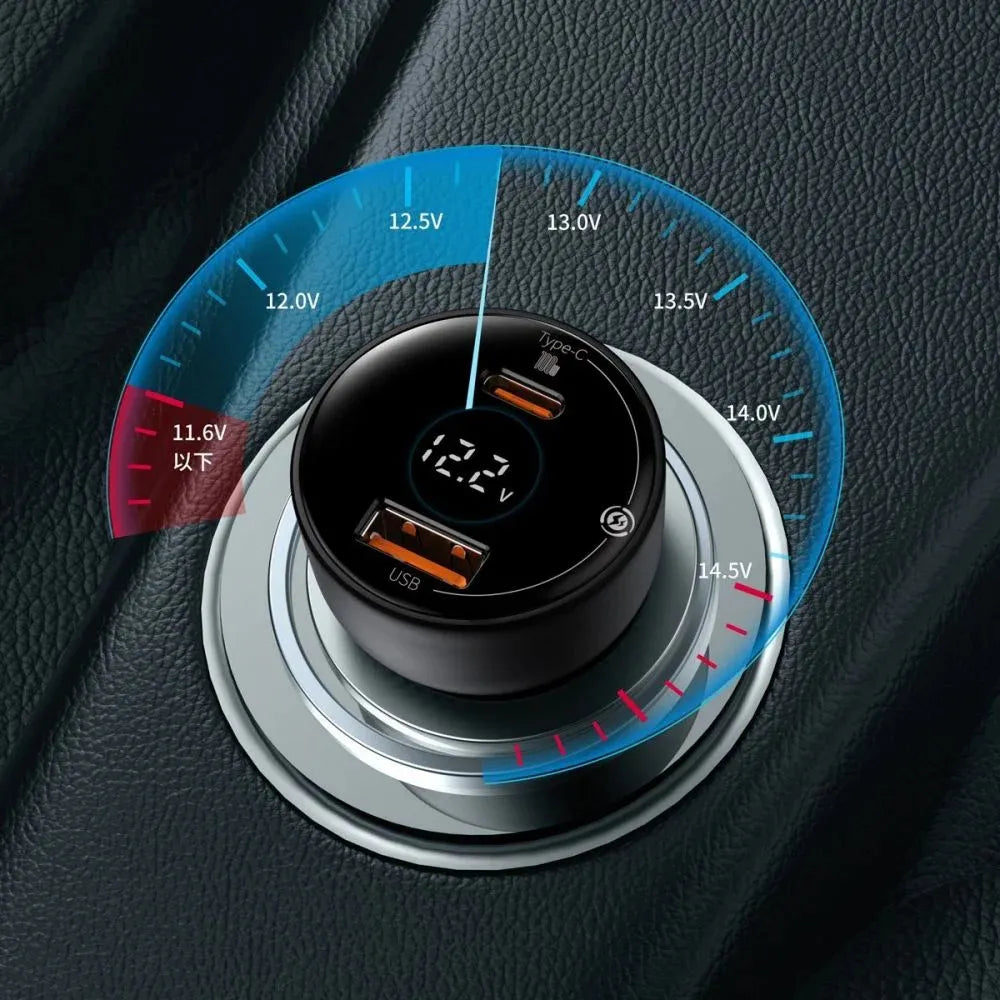 Baseus Superme Digital Display Car Charger 100W Dual Quick Charge USB + Type-C with 65W PD Output for Smartphones & Laptops