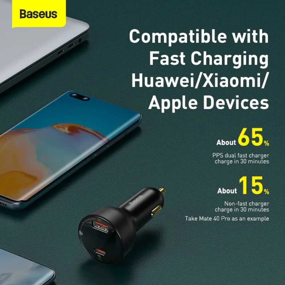 Baseus Superme Digital Display Car Charger 100W Dual Quick Charge USB + Type-C with 65W PD Output for Smartphones & Laptops