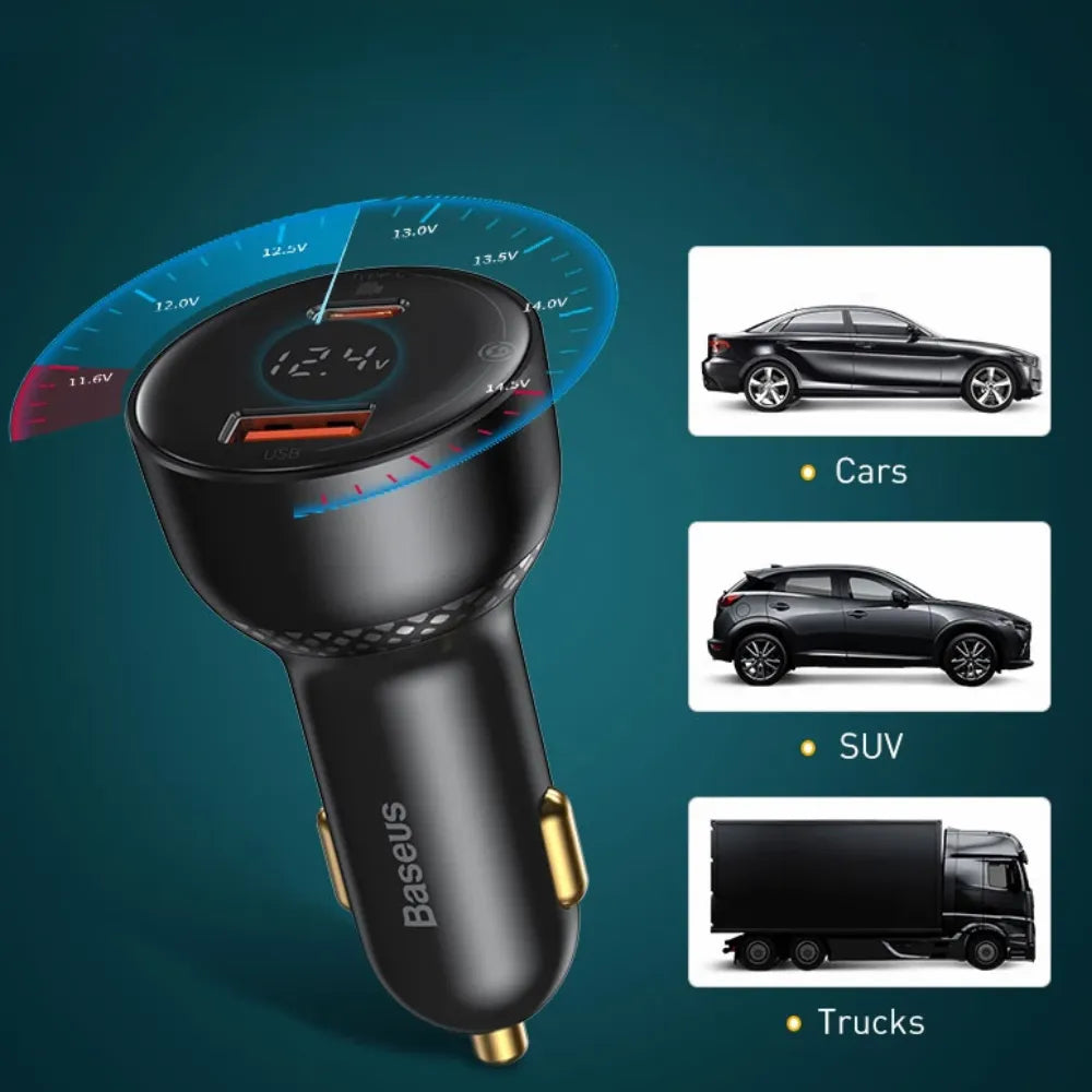 Baseus Superme Digital Display Car Charger 100W Dual Quick Charge USB + Type-C with 65W PD Output for Smartphones & Laptops