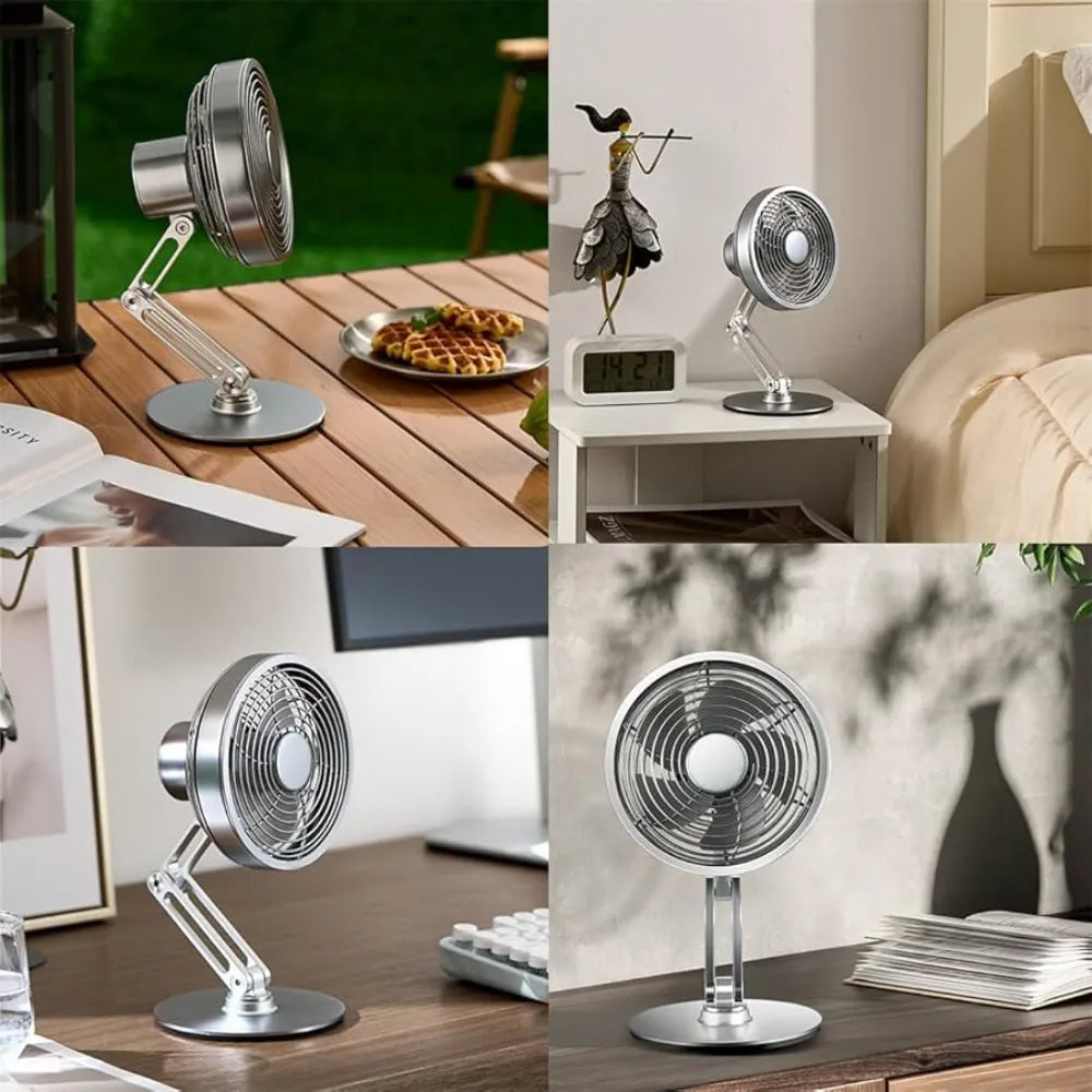 Metal Desk Fan 2000mAh Rechargeable Battery, 3 Speed Levels, Adjustable Height & Angle, 360° Rotating Base, Type-C Charging