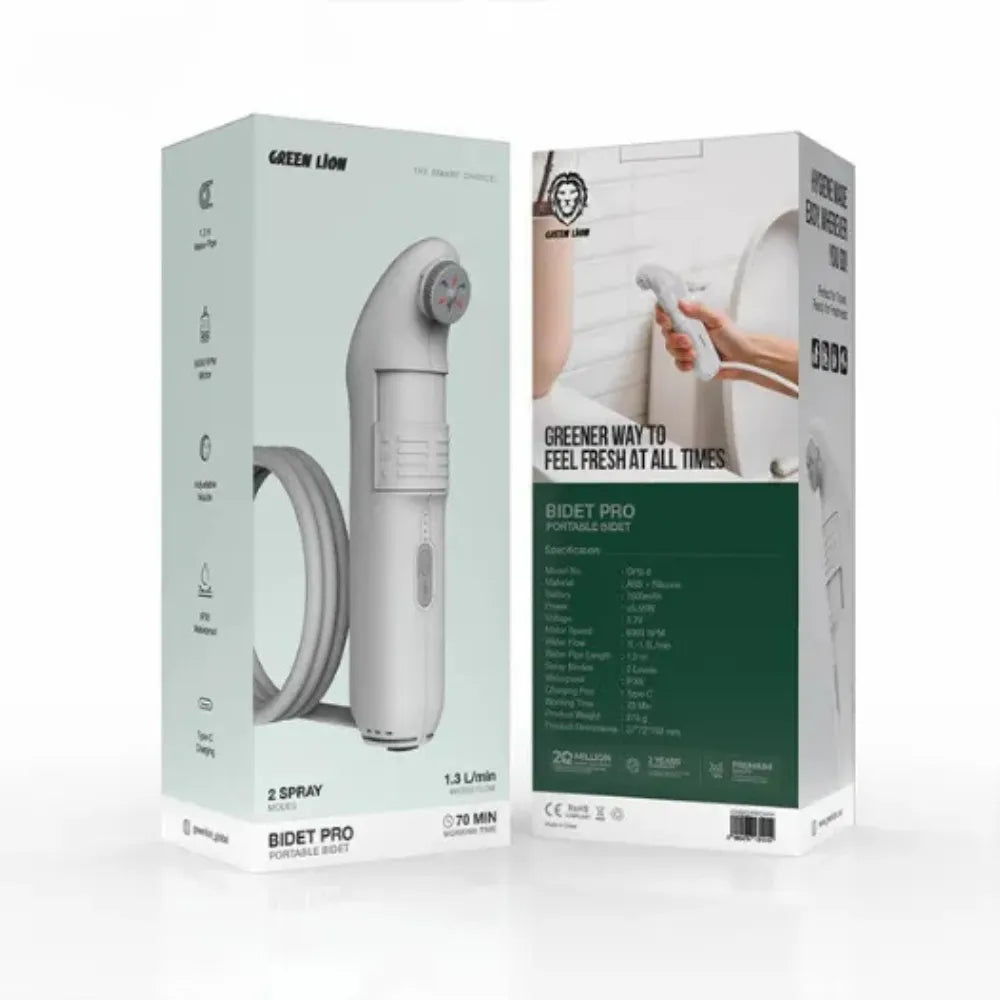 Green Lion Bidet Pro Portable 5.55W, 2 Spray Modes, 1.2m Water Pipe, 70 Min Usage, 1600mAh Battery, Type-C Charging
