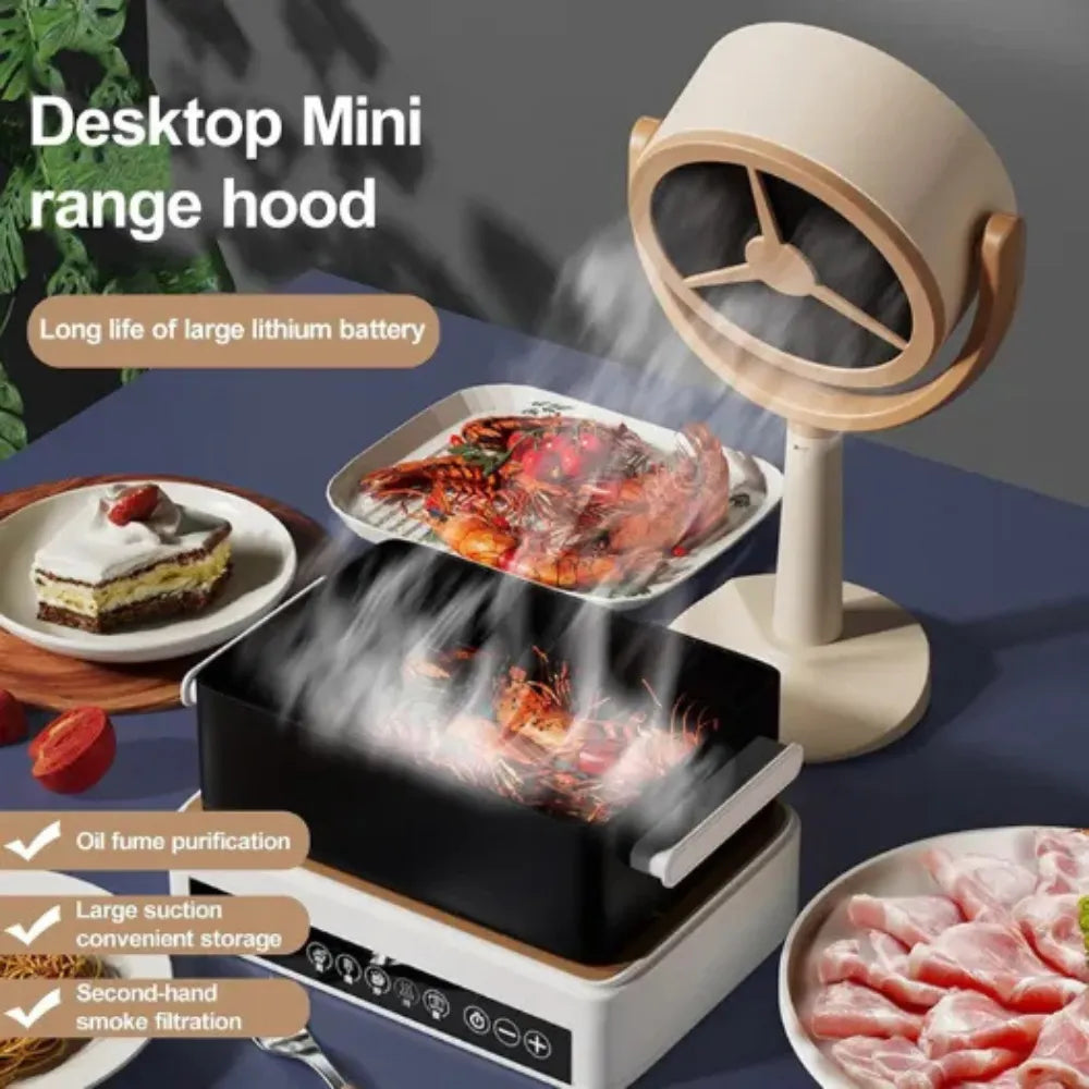 Compact Portable Mini Range Hood, ABS Build, Rechargeable, Washable Carbon Filter, One-Touch Operation, Desktop Extractor for Home & Camping