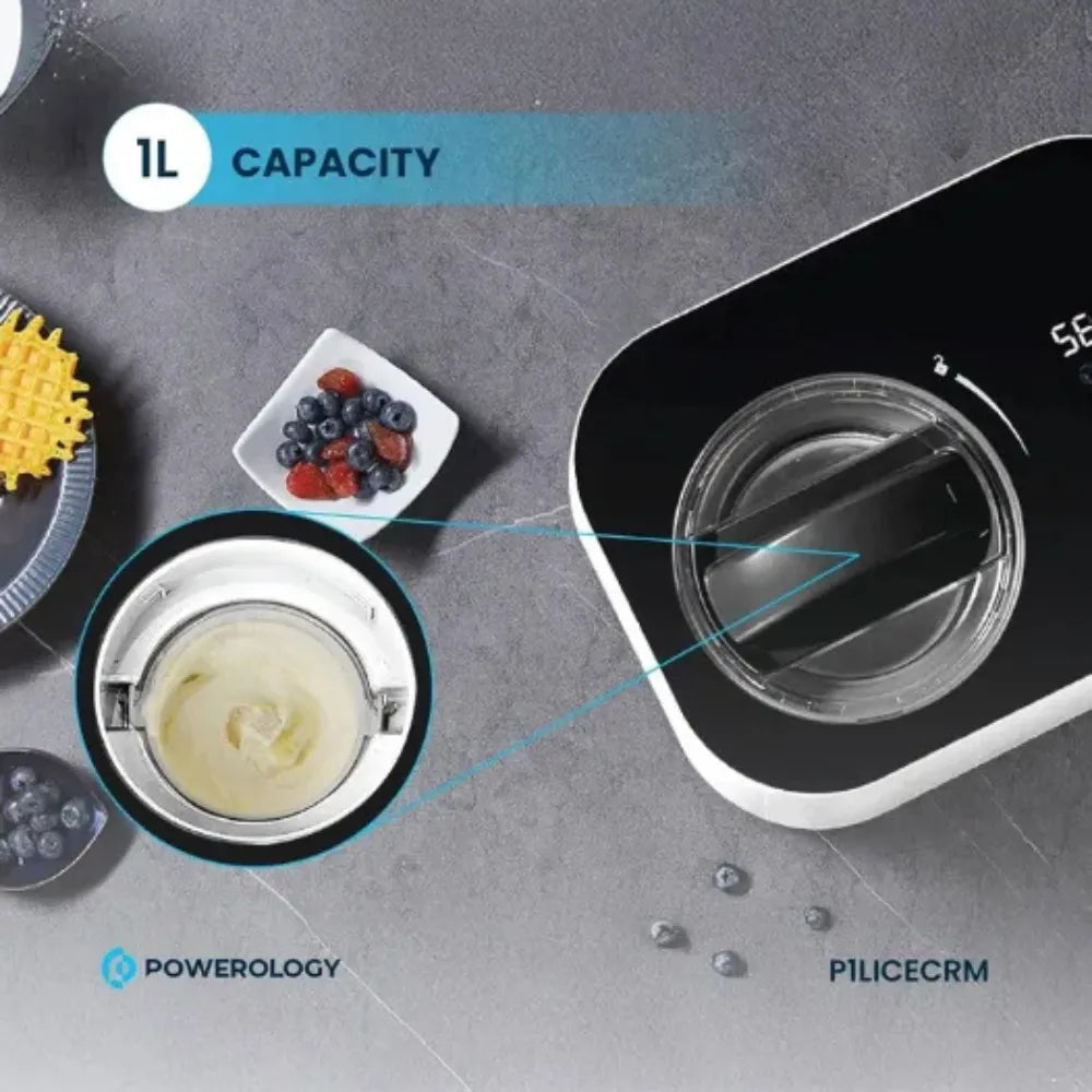 Powerology Ice Cream & Frozen Yogurt Machine 1L Capacity, 100W Cooling Power, 4 Mixing Modes, Quick-Freeze Technology, Low Noise