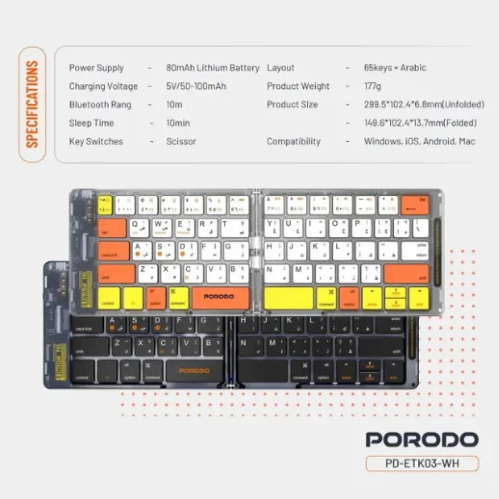 Porodo Crystal Shell Wireless Keyboard Bluetooth | Leather Backcase | Scissor Switch | Type-C | Compatible with Windows, Mac, iOS & Android