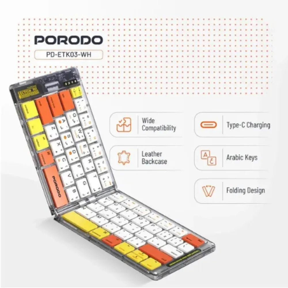 Porodo Crystal Shell Wireless Keyboard Bluetooth | Leather Backcase | Scissor Switch | Type-C | Compatible with Windows, Mac, iOS & Android