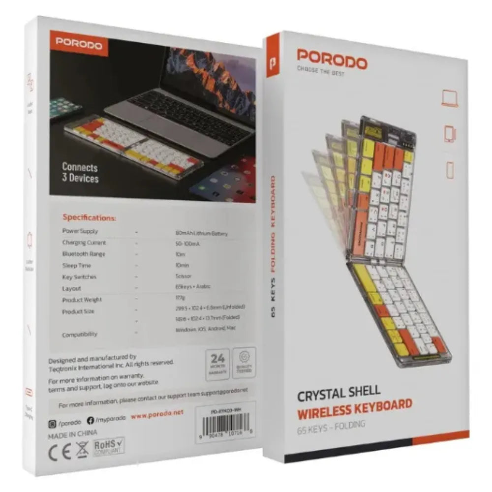 Porodo Crystal Shell Wireless Keyboard Bluetooth | Leather Backcase | Scissor Switch | Type-C | Compatible with Windows, Mac, iOS & Android