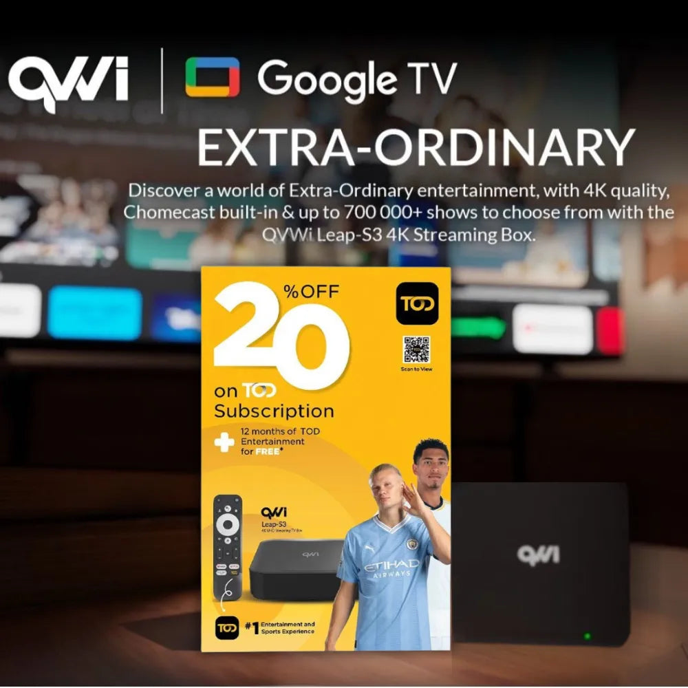 QVWi LEAP S3 4K UHD Android TV Box with Google TV, HDR10+ Support, Voice Control Bluetooth Remote, Streaming Services Compatible