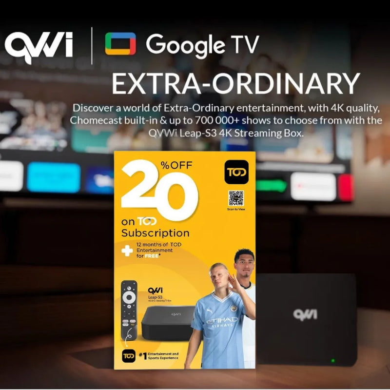 QVWi LEAP S3 4K UHD Android TV Box with Google TV, HDR10+ Support, Voice Control Bluetooth Remote, Streaming Services Compatible