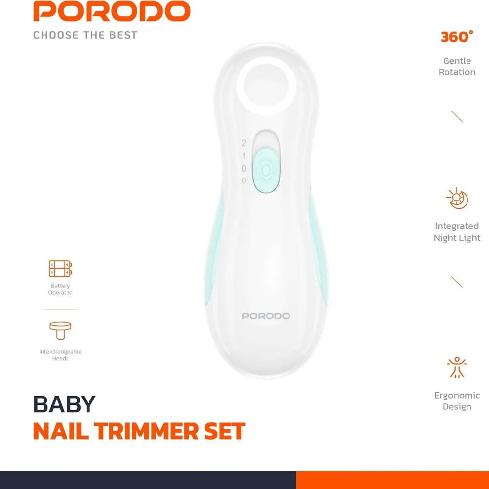 Porodo Baby Nail Trimmer Set with 360° Gentle Rotation, Interchangeable Heads, Night Light, Ergonomic Design – For Babies and Adults