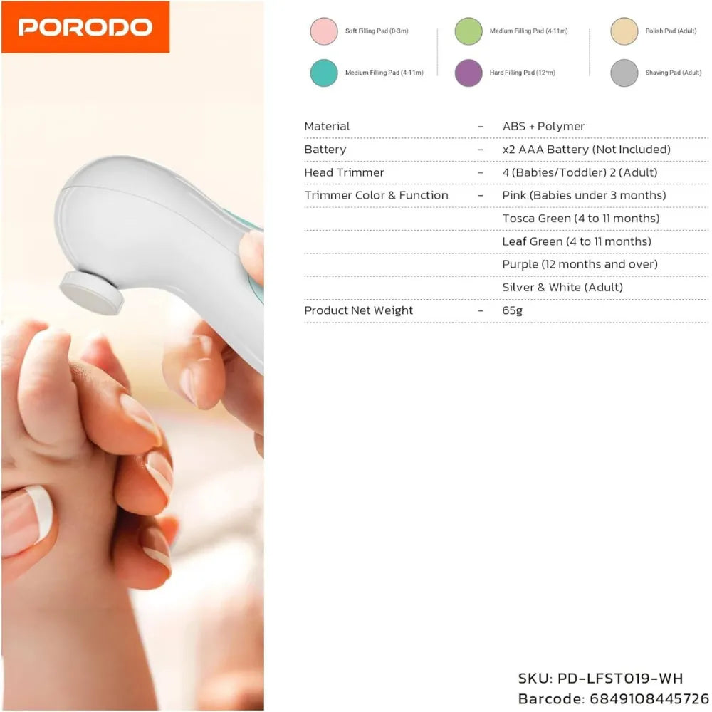 Porodo Baby Nail Trimmer Set with 360° Gentle Rotation, Interchangeable Heads, Night Light, Ergonomic Design – For Babies and Adults