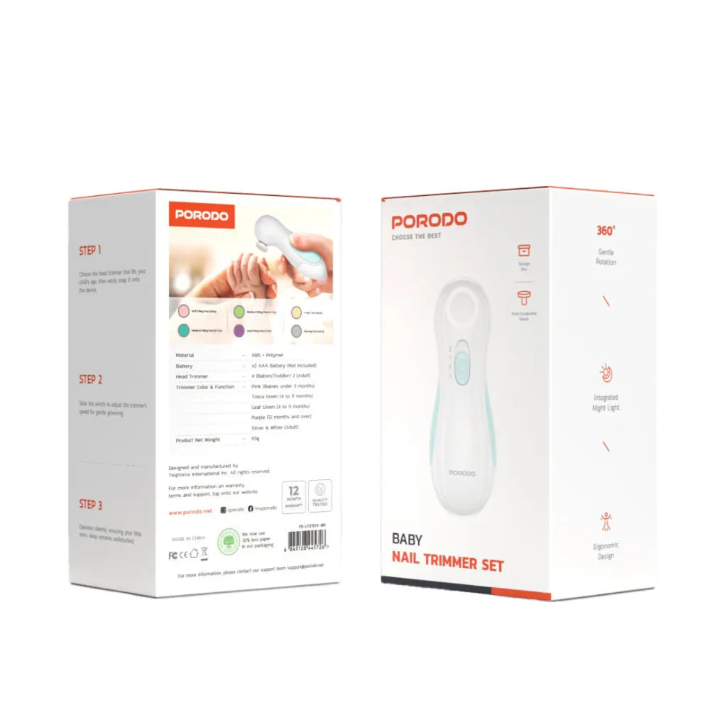 Porodo Baby Nail Trimmer Set with 360° Gentle Rotation, Interchangeable Heads, Night Light, Ergonomic Design – For Babies and Adults