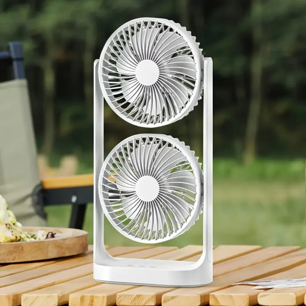 Dual-Head Rechargeable Desk Fan, 4000mAh Battery, 3-Speed Airflow, Portable USB Table Fan for Office, Dorm & Travel – ABS/PC/PP Build