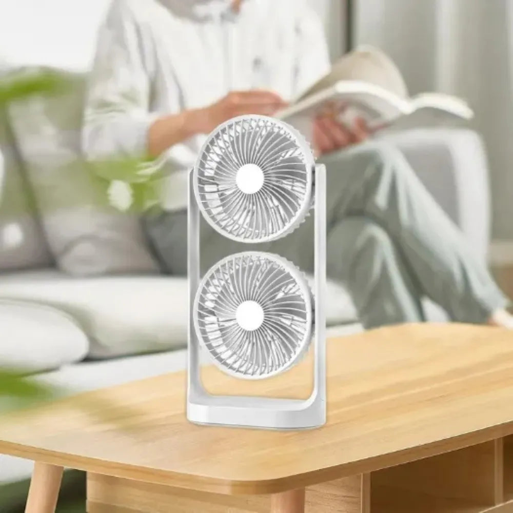 Dual-Head Rechargeable Desk Fan, 4000mAh Battery, 3-Speed Airflow, Portable USB Table Fan for Office, Dorm & Travel – ABS/PC/PP Build