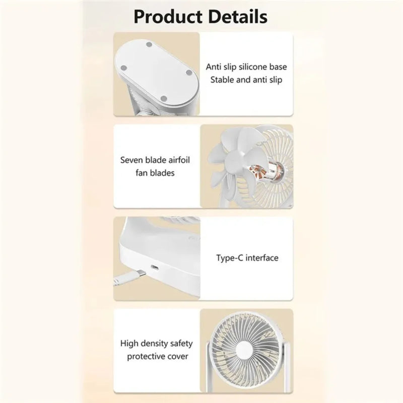 Dual-Head Rechargeable Desk Fan, 4000mAh Battery, 3-Speed Airflow, Portable USB Table Fan for Office, Dorm & Travel – ABS/PC/PP Build
