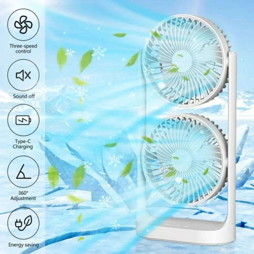 Dual-Head Rechargeable Desk Fan, 4000mAh Battery, 3-Speed Airflow, Portable USB Table Fan for Office, Dorm & Travel – ABS/PC/PP Build