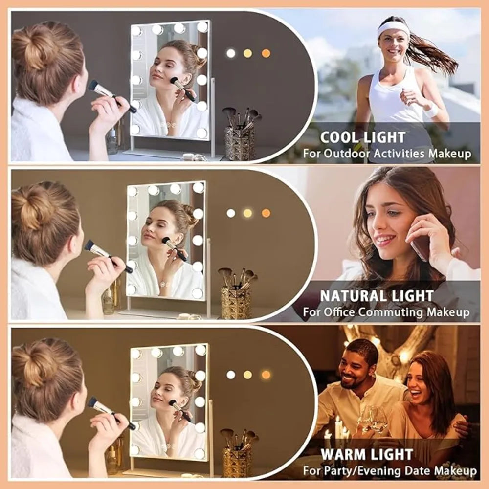 Hollywood Lighted Vanity Mirror with 12 Dimmable Bulbs and 3 Color Lightning Modes 12v Power Supply Cord
