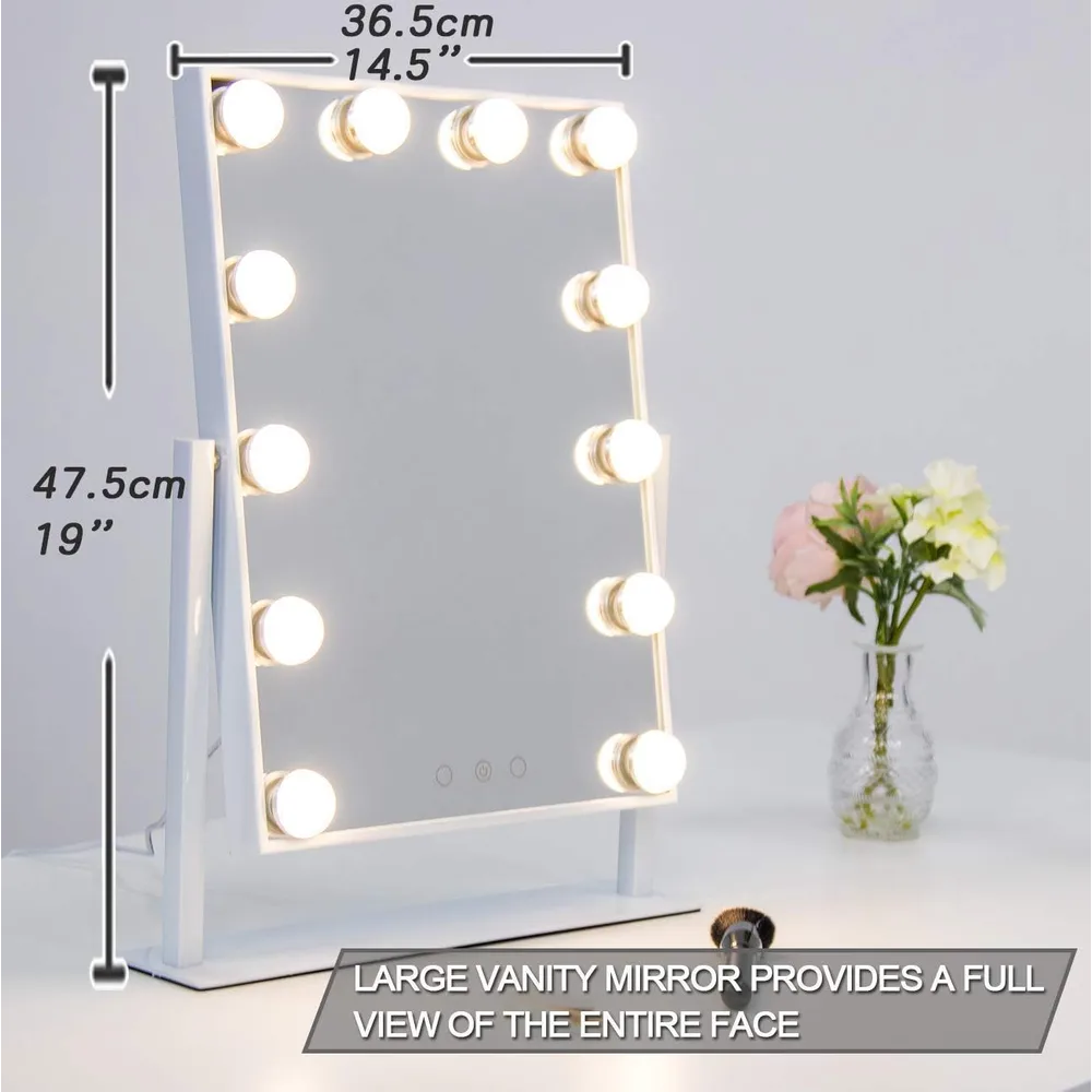 Hollywood Lighted Vanity Mirror with 12 Dimmable Bulbs and 3 Color Lightning Modes 12v Power Supply Cord