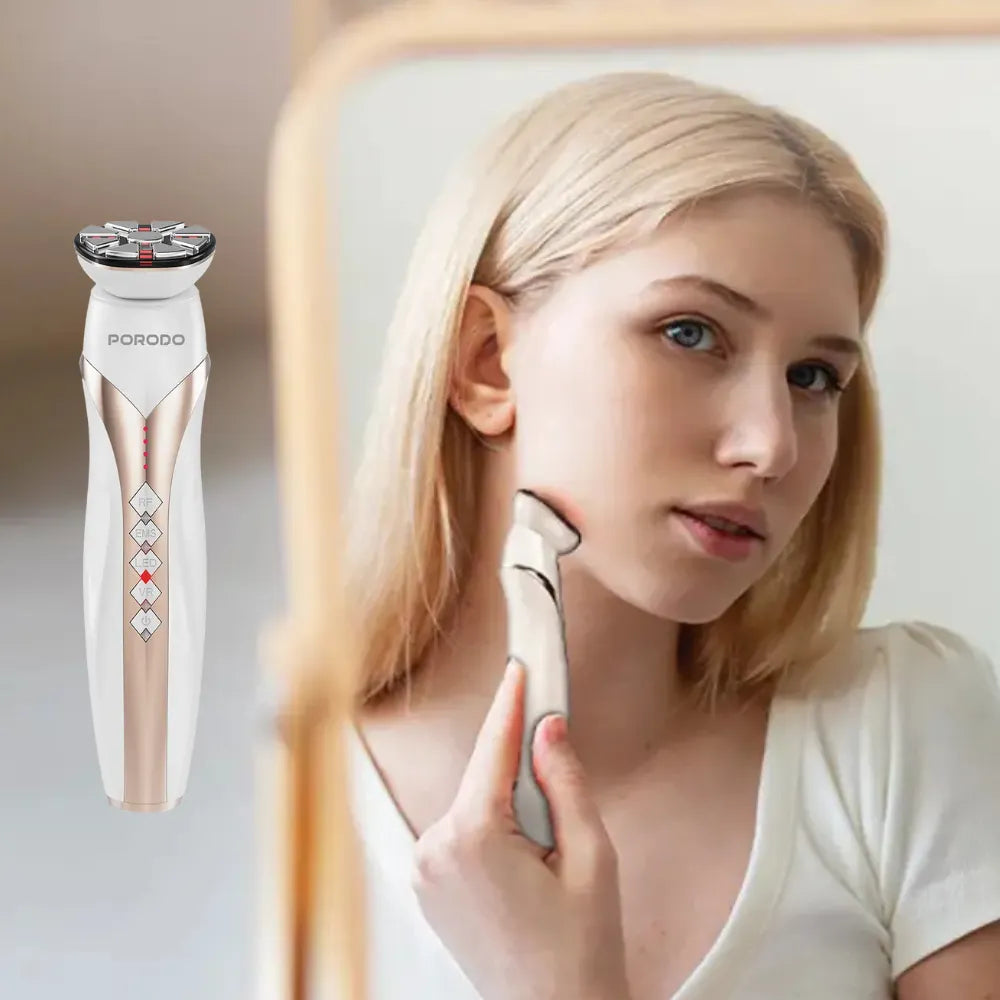 Porodo RF Face Lifting Machine with EMS Microcurrent, Skin Tightening Device, 5-Mode LED Phototherapy, VR Vibration, Battery Powered – For All Skin Types