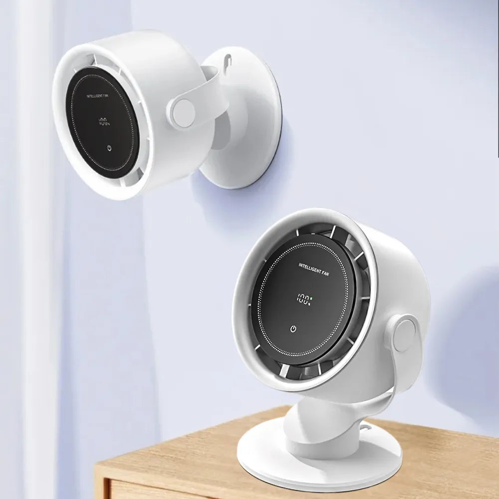 K804 Touch Screen Desktop Fan – 100 Speed Settings, 4000mAh Rechargeable Battery, Digital Display, Wall-Mountable – White