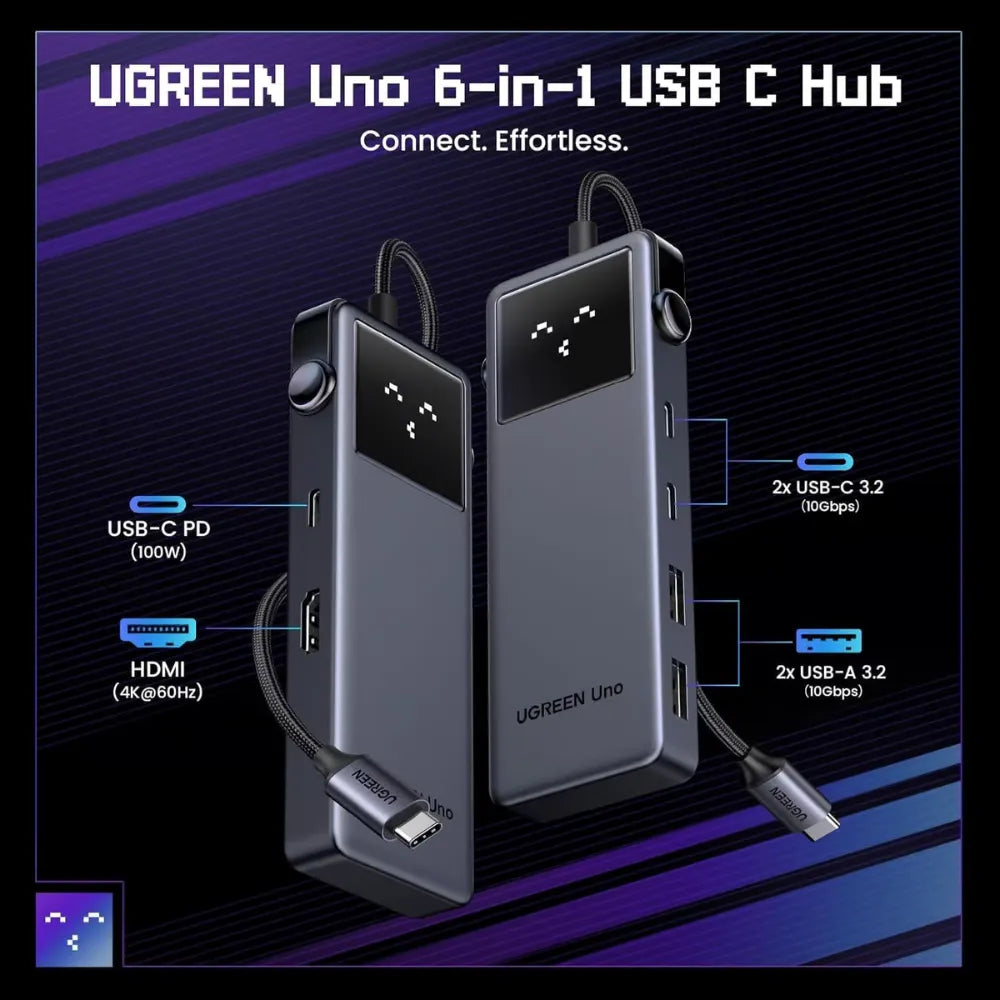 UGREEN 35998 Uno 6-in-1 USB-C Hub with 10Gbps Data Ports, 4K@60Hz HDMI, and PD100W