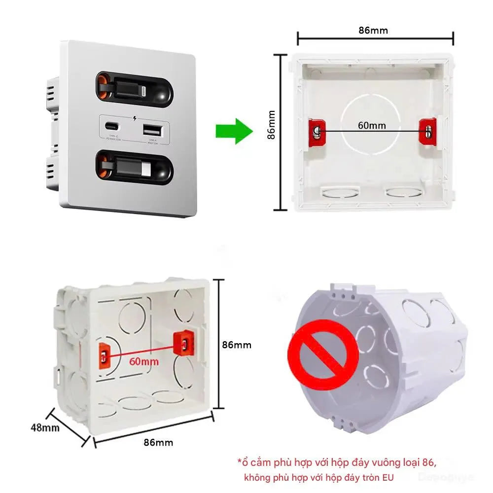 Universal Smart Socket 220V Wall Mount with 20W USB-C Fast Charging Port for Type-C Mobile Devices – Plastic Square Panel
