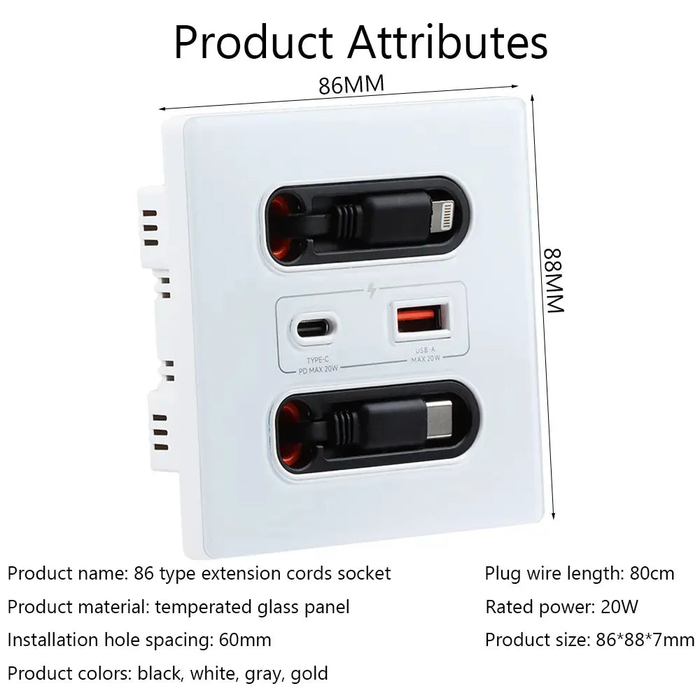 Universal Smart Socket 220V Wall Mount with 20W USB-C Fast Charging Port for Type-C Mobile Devices – Plastic Square Panel