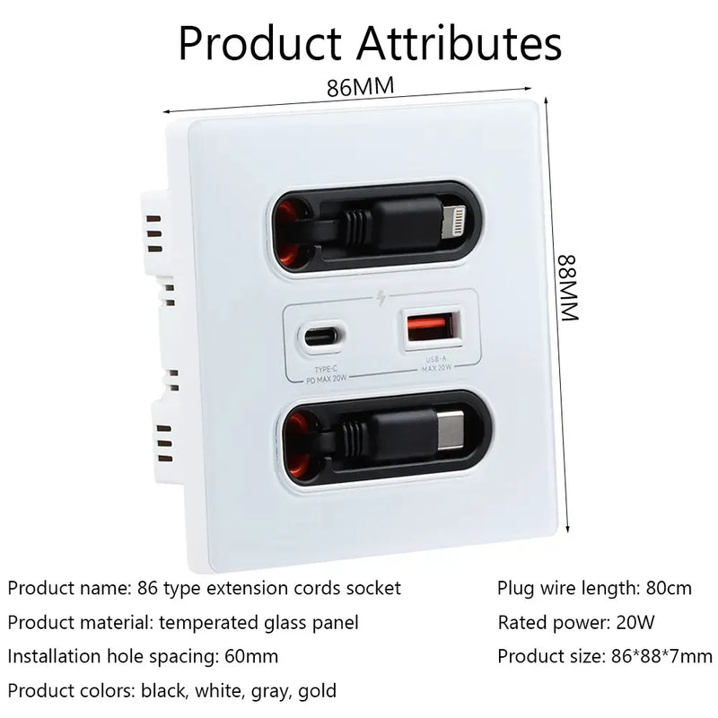 Universal Smart Socket 220V Wall Mount with 20W USB-C Fast Charging Port for Type-C Mobile Devices – Plastic Square Panel