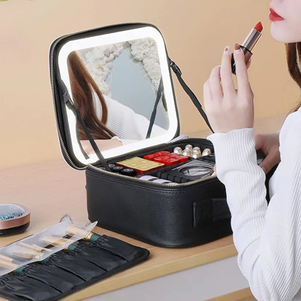 Smart LED Cosmetic Case with Mirror Travel Makeup Bag USB Rechargeable 2000mAh Battery - Black