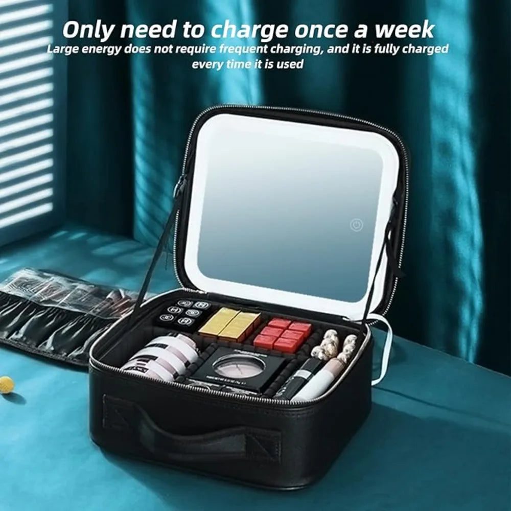 Smart LED Cosmetic Case with Mirror Travel Makeup Bag USB Rechargeable 2000mAh Battery - Black