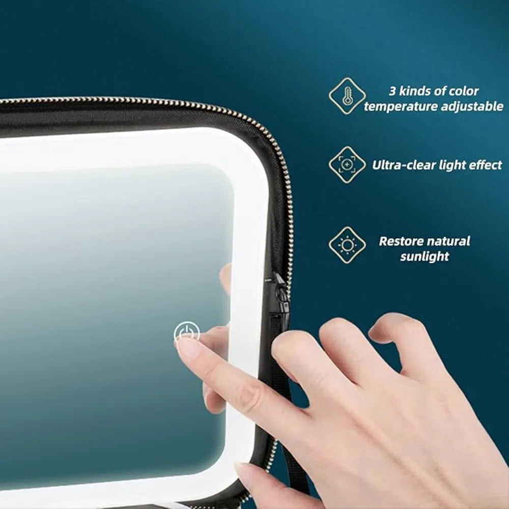 Smart LED Cosmetic Case with Mirror Travel Makeup Bag USB Rechargeable 2000mAh Battery - Black
