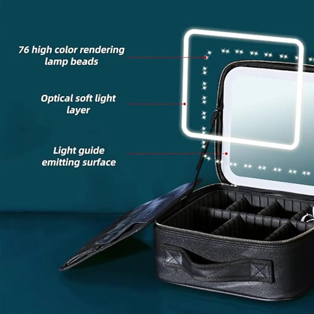 Smart LED Cosmetic Case with Mirror Travel Makeup Bag USB Rechargeable 2000mAh Battery - Black