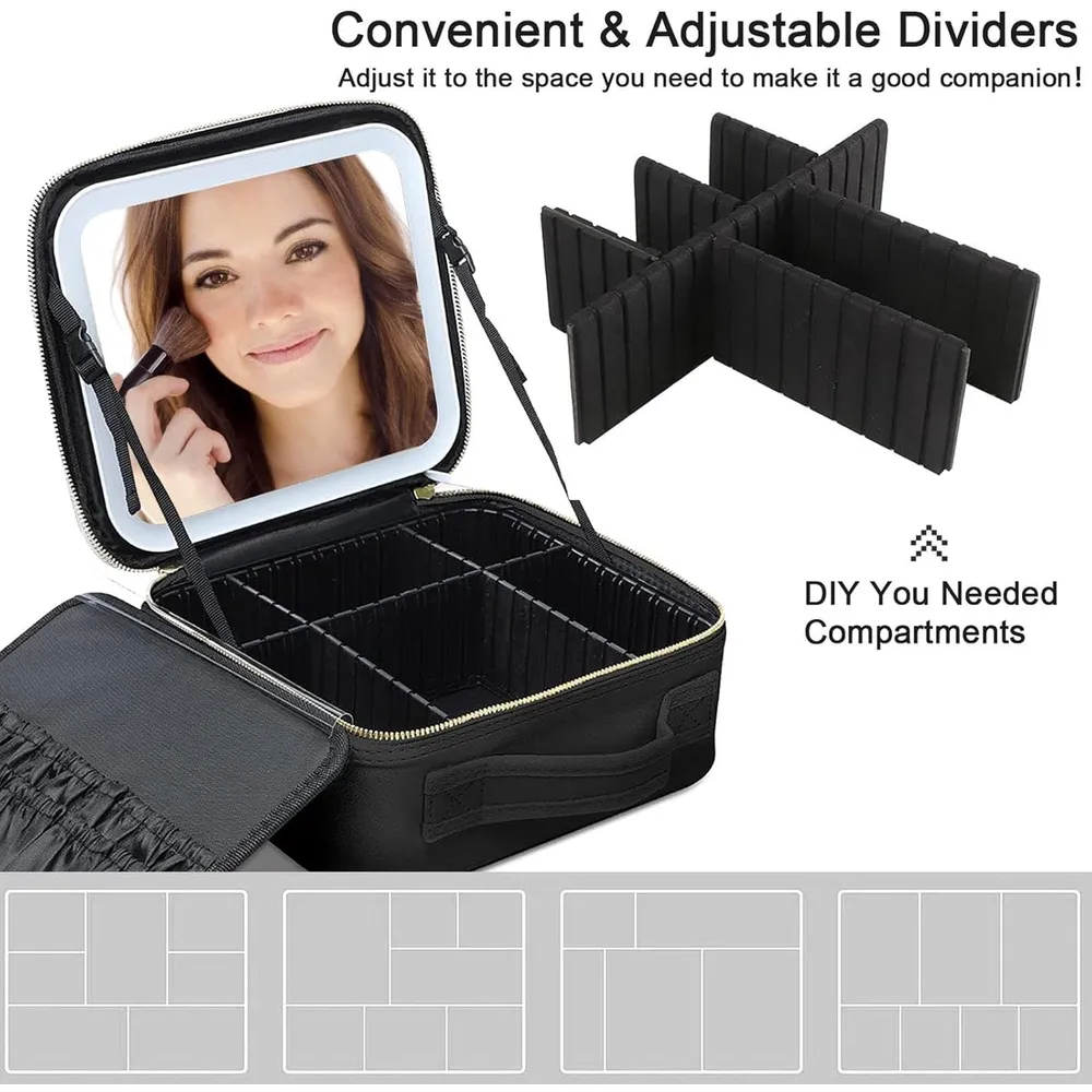 Smart LED Cosmetic Case with Mirror Travel Makeup Bag USB Rechargeable 2000mAh Battery - Black