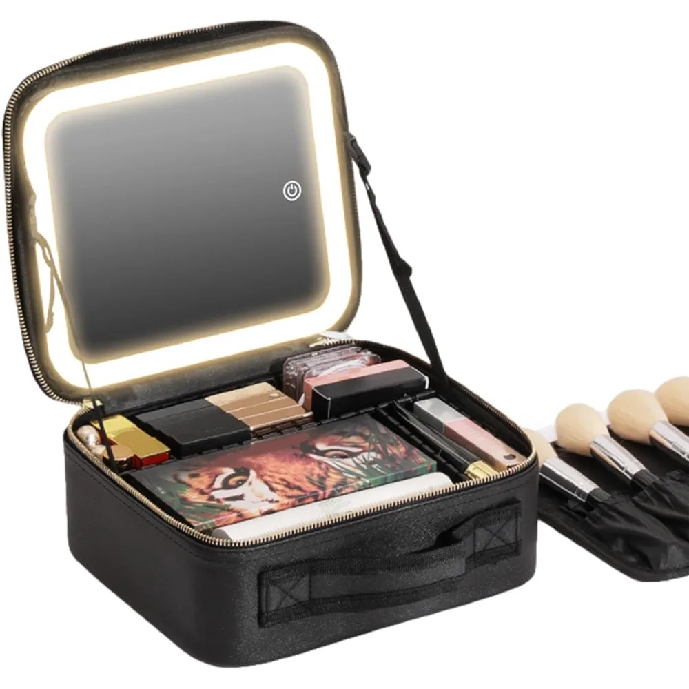 Smart LED Cosmetic Case with Mirror Travel Makeup Bag USB Rechargeable 2000mAh Battery - Black