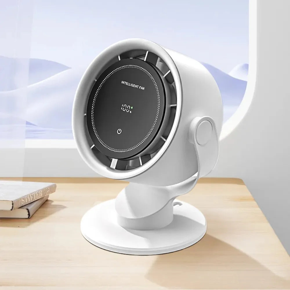 K804 Touch Screen Desktop Fan – 100 Speed Settings, 4000mAh Rechargeable Battery, Digital Display, Wall-Mountable – White
