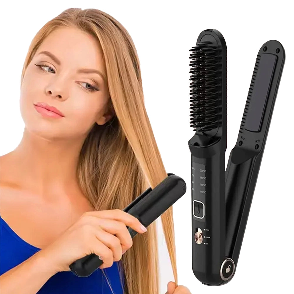 2-in-1 Cordless Hair Straightener Ceramic Coating 4 Temperature Levels USB Type-C Rechargeable
