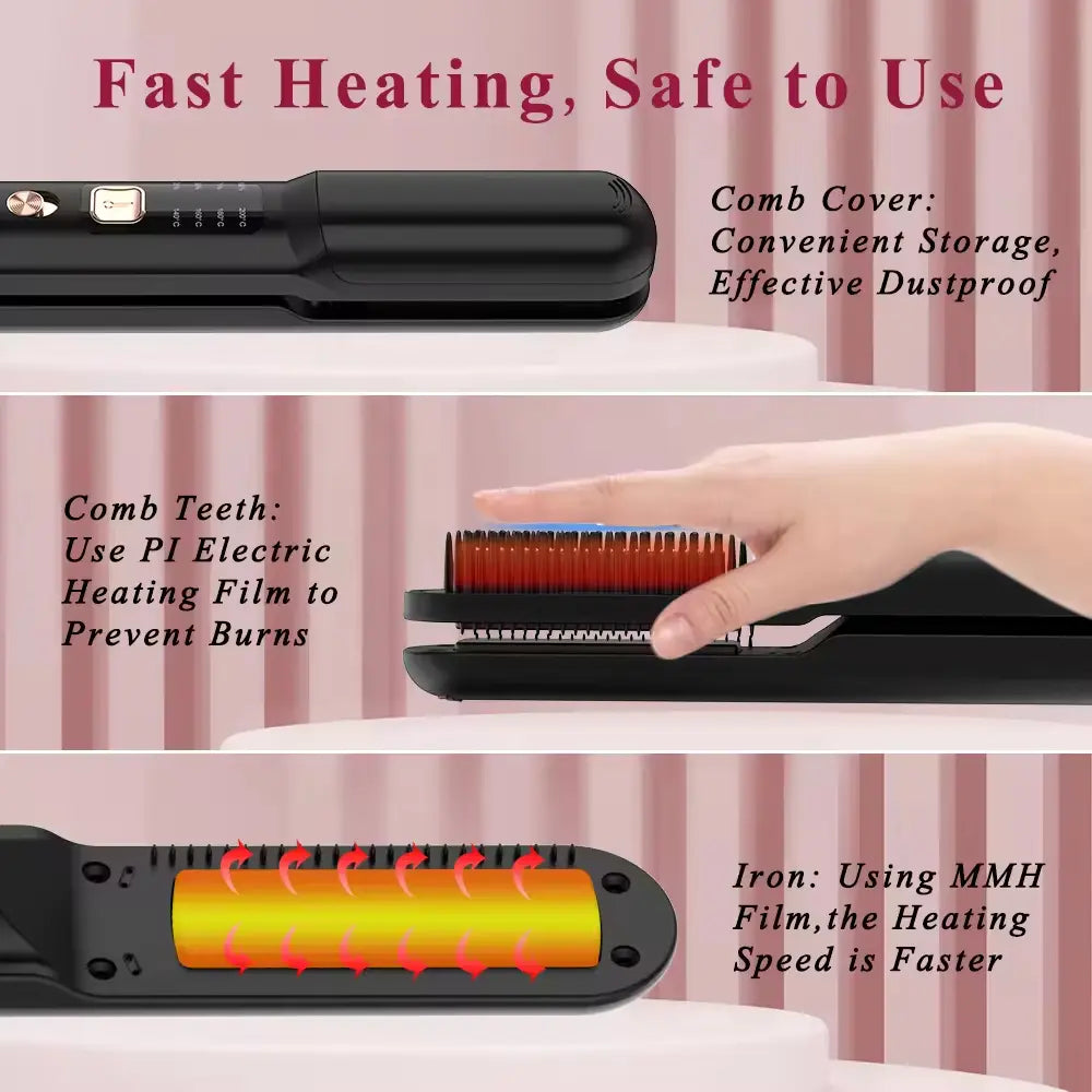 2-in-1 Cordless Hair Straightener Ceramic Coating 4 Temperature Levels USB Type-C Rechargeable